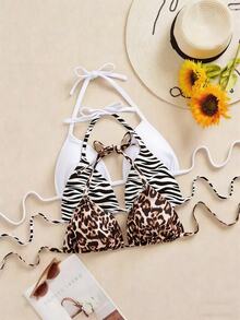SHEIN Swim Curve 3件套加大码女式泳衣上衣，黑白豹纹随机图案，细肩带，简约日常比基尼上衣 - 彩色 - 查看 1