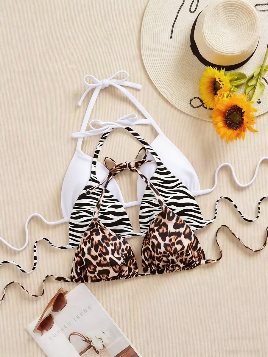 SHEIN Swim Curve 3件套加大码女式泳衣上衣,黑白豹纹随机图案,细肩带,简约日常比基尼上衣 - 彩色 - 查看 1
