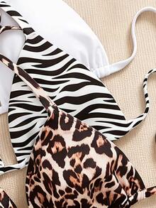 SHEIN Swim Curve 3件套加大码女式泳衣上衣，黑白豹纹随机图案，细肩带，简约日常比基尼上衣 - 彩色 - 查看 4