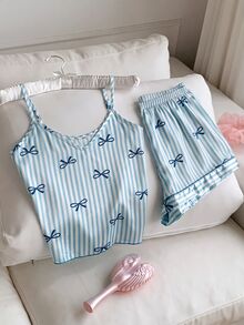 Comfortcana Bow Tie & Striped Print Faux Silk Camisole & Shorts Pajama Set For Women - Blue - View 3