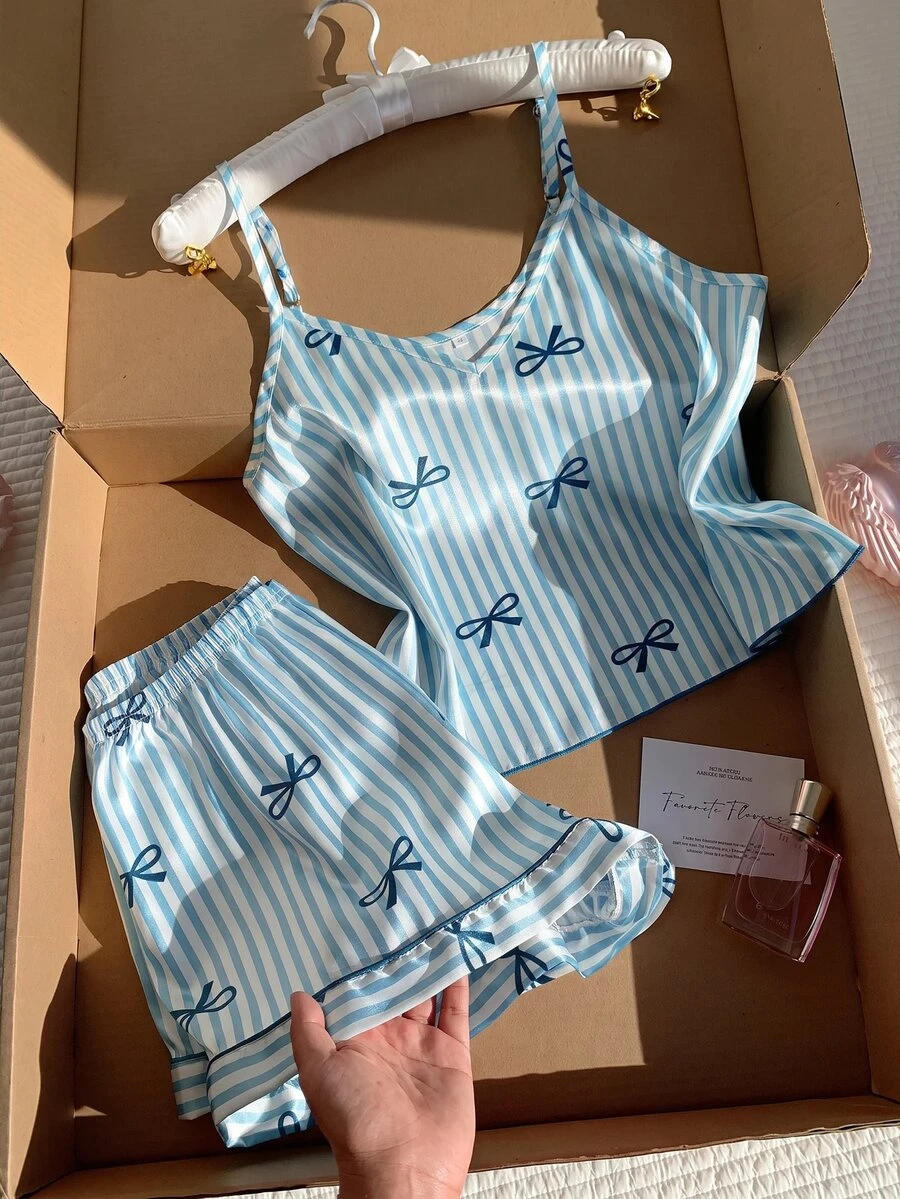 Comfortcana Bow Tie & Striped Print Faux Silk Camisole & Shorts Pajama Set For Women - Blue - View 1