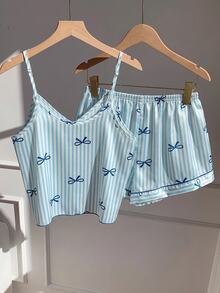 Comfortcana Bow Tie & Striped Print Faux Silk Camisole & Shorts Pajama Set For Women - Blue - View 2