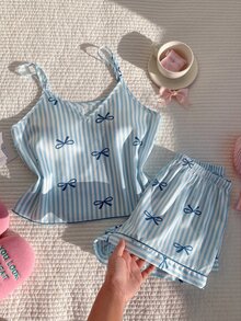 Comfortcana Bow Tie & Striped Print Faux Silk Camisole & Shorts Pajama Set For Women - Blue - View 7