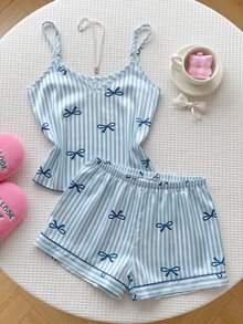 Comfortcana Bow Tie & Striped Print Faux Silk Camisole & Shorts Pajama Set For Women - Blue - View 6