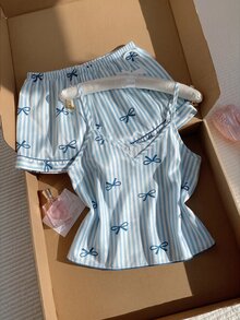 Comfortcana Bow Tie & Striped Print Faux Silk Camisole & Shorts Pajama Set For Women - Blue - View 5