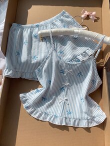 Comfortcana 可爱蝴蝶结装饰粉色条纹蝴蝶结印花吊带背心和短裤睡衣套装 - 淺藍色 - 查看 4