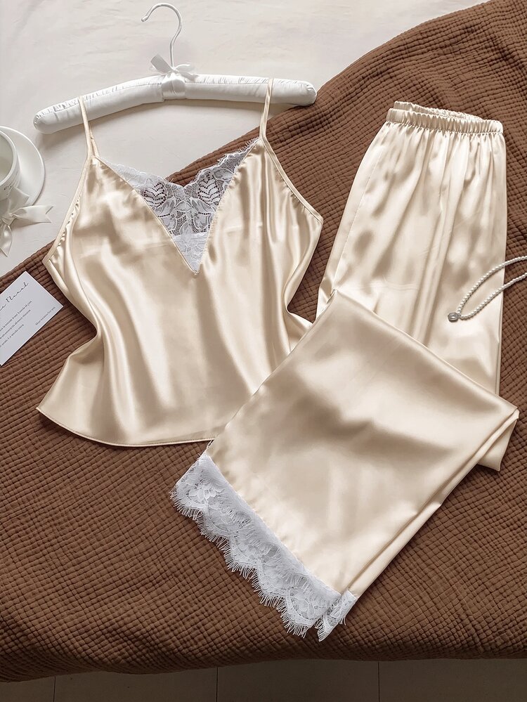 Comfortcana Lace Trim Satin Cami Top & Pants Pajama Set For Daily Wear - Apricot - View 3