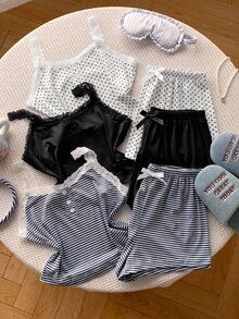 Comfortcana 6 件套女士休闲修身假襟蕾丝拼布花卉印花吊带背心短裤睡衣套装 - 彩色 - 查看 8