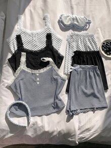 Comfortcana 6 件套女士休闲修身假襟蕾丝拼布花卉印花吊带背心短裤睡衣套装 - 彩色 - 查看 6