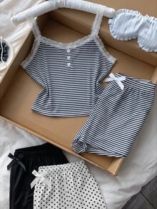 Comfortcana 6 件套女士休闲修身假襟蕾丝拼布花卉印花吊带背心短裤睡衣套装 - 彩色 - 查看 3