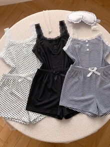 Comfortcana 6 件套女士休闲修身假襟蕾丝拼布花卉印花吊带背心短裤睡衣套装 - 彩色 - 查看 7