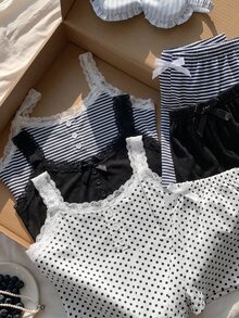 Comfortcana 6 件套女士休闲修身假襟蕾丝拼布花卉印花吊带背心短裤睡衣套装 - 彩色 - 查看 5