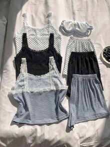 Comfortcana 6 件套女士休闲修身假襟蕾丝拼布花卉印花吊带背心短裤睡衣套装 - 彩色 - 查看 2