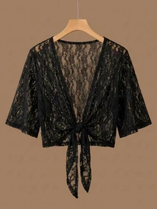 EMERY ROSE Plus Size French Sexy Lace Cardigan With Tie Straps, Versatile For Vacation - Multicolor - View 3