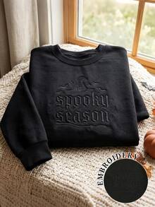 INAWLY 女款萬聖節主題刺繡字母圖案圓領長袖上衣，黑色寬鬆休閒極簡秋季街頭風衛衣 - 黑色 - 查看 1
