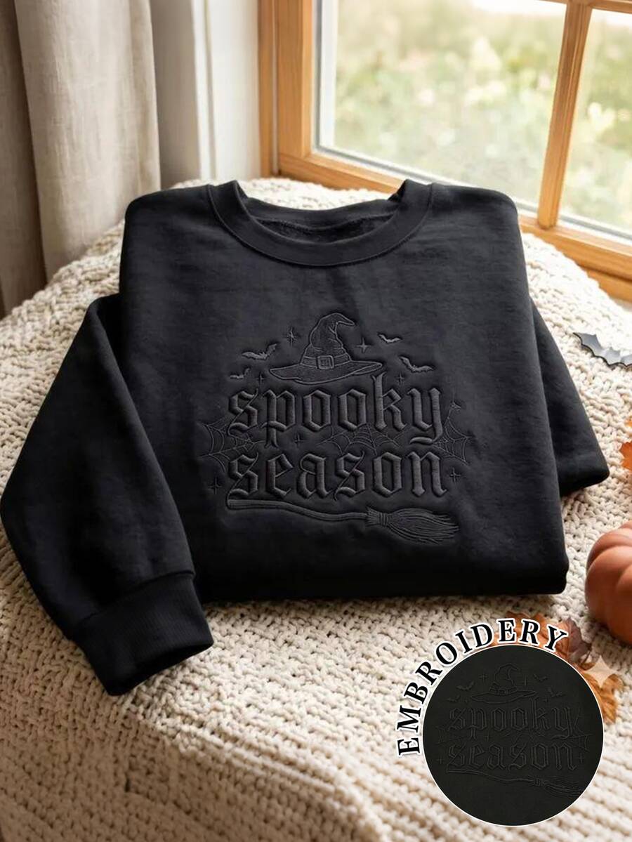 INAWLY 女款萬聖節主題刺繡字母圖案圓領長袖上衣,黑色寬鬆休閒極簡秋季街頭風衛衣 - 黑色 - 查看 1