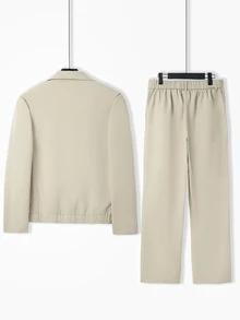 HUEFORM Men's Khaki Turn-Down Collar Elastic Hem Loose Long Pants Casual 2 Pieces Set - Khaki - View 2