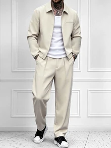 HUEFORM Men's Khaki Turn-Down Collar Elastic Hem Loose Long Pants Casual 2 Pieces Set - Khaki - View 5
