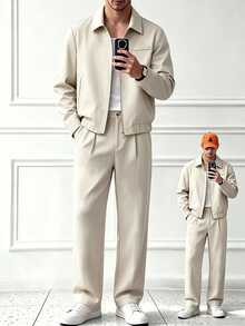 HUEFORM Men's Khaki Turn-Down Collar Elastic Hem Loose Long Pants Casual 2 Pieces Set - Khaki - View 1