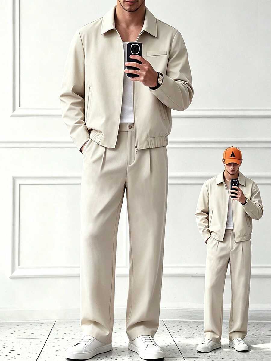 HUEFORM Men's Khaki Turn-Down Collar Elastic Hem Loose Long Pants Casual 2 Pieces Set - Khaki - View 1