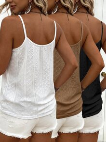 EMERY ROSE Plus Size Women's 3-Piece Casual Set, Knitted Textured Lace Patchwork Camisole, Vacation Style Top - White - View 2