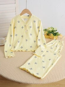 SHEIN Tween Girls Kids Bow Knot Minimalist Versatile Small Bow Pattern V-Neck Half-Open Front Ruffle Long Sleeve Pants Soft Comfortable Home Sleepwear Set 2pcs Autumn/Winter/All Season - Yellow - View 9