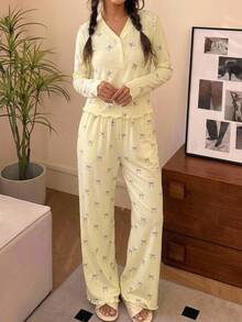 SHEIN Tween Girls Kids Bow Knot Minimalist Versatile Small Bow Pattern V-Neck Half-Open Front Ruffle Long Sleeve Pants Soft Comfortable Home Sleepwear Set 2pcs Autumn/Winter/All Season - Yellow - View 3