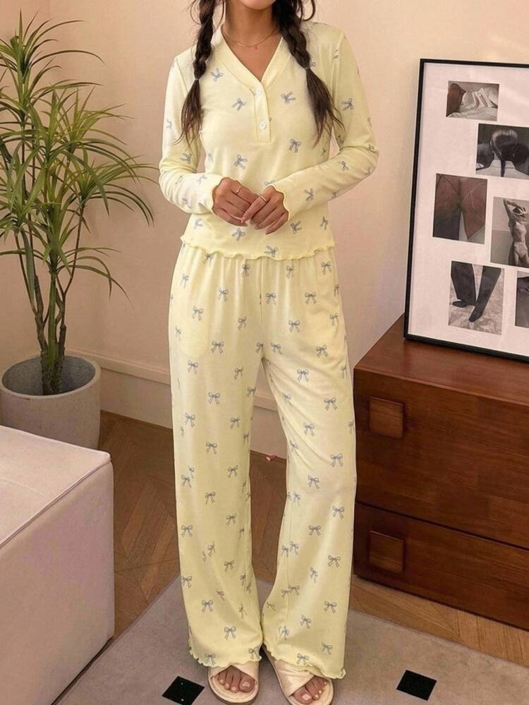 SHEIN Tween Girls Kids Bow Knot Minimalist Versatile Small Bow Pattern V-Neck Half-Open Front Ruffle Long Sleeve Pants Soft Comfortable Home Sleepwear Set 2pcs Autumn/Winter/All Season - Yellow - View 3