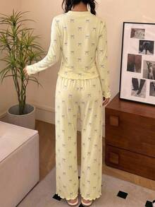 SHEIN Tween Girls Kids Bow Knot Minimalist Versatile Small Bow Pattern V-Neck Half-Open Front Ruffle Long Sleeve Pants Soft Comfortable Home Sleepwear Set 2pcs Autumn/Winter/All Season - Yellow - View 6
