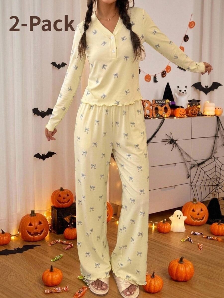 SHEIN Tween Girls Kids Bow Knot Minimalist Versatile Small Bow Pattern V-Neck Half-Open Front Ruffle Long Sleeve Pants Soft Comfortable Home Sleepwear Set 2pcs Autumn/Winter/All Season - Yellow - View 1