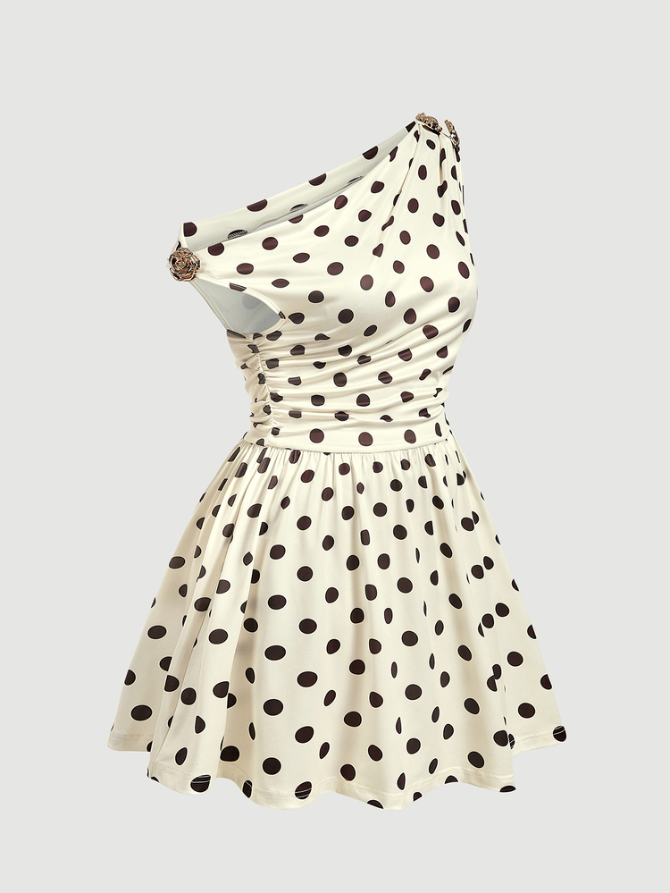 SHEIN MOD Plus Size Women's Brown Asymmetric Shoulder Mid-Length Dress, Autumn Women's Wear, Party Dress, Elegant Ladies Dress, Unique Autumn, Sleeveless Mini Dress, Soft Glossy Fabric, Metal Flower Decoration, Elegant Style Fitted Waist Gentle Elastic Smooth Texture, Feminine Charm, Exquisite Appearance, Wrinkle-Resistant Fabric, Subtle Gloss - Apricot - View 5