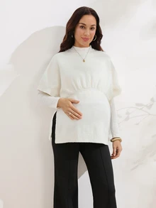 SHEIN Maternity Casual Maternity Normal Versatile Solid Color Side Slit Sweater Dates Fashion Week White Summer Photoshoot Formal - White - View 4