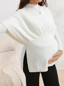 SHEIN Maternity Casual Maternity Normal Versatile Solid Color Side Slit Sweater Dates Fashion Week White Summer Photoshoot Formal - White - View 3