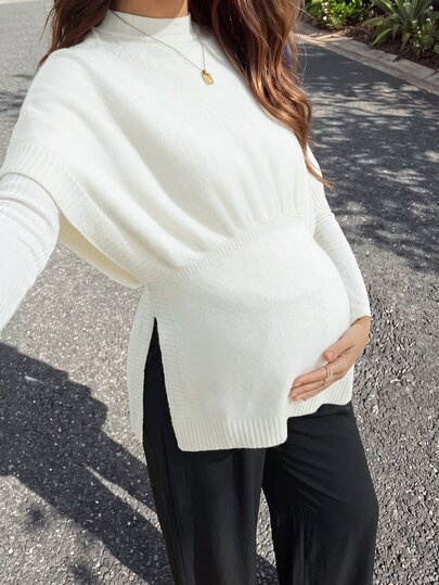 SHEIN Suéter Casual de Maternidade Normal Versátil Cor Sólida com Fenda Lateral Encontros Semana da Moda Branco Verão