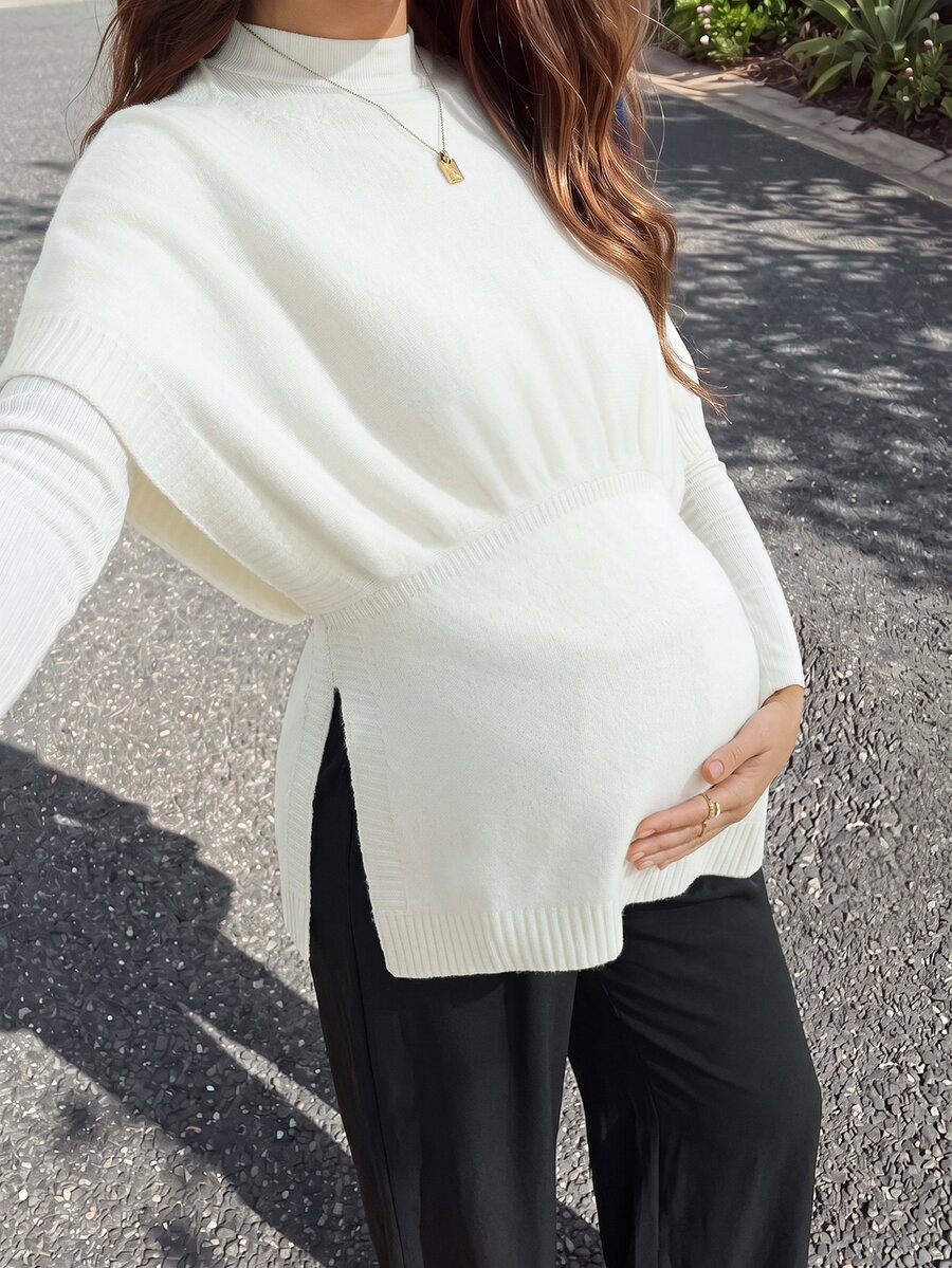 SHEIN Maternity Casual Maternity Normal Versatile Solid Color Side Slit Sweater Dates Fashion Week White Summer Photoshoot Formal - White - View 1