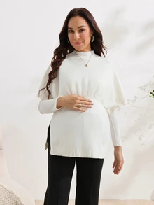 SHEIN Maternity Casual Maternity Normal Versatile Solid Color Side Slit Sweater Dates Fashion Week White Summer Photoshoot Formal - White - View 5