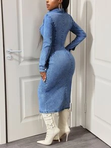 Slaydiva Summer New Slim Fit Long Sleeve Plus Size Denim Dress - Blue - View 2