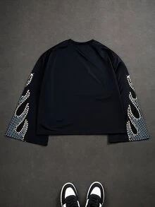 Manfinity EMRG Manfinity Streetrush 男式复古做旧眼睛图案超大喇叭袖运动衫，黑色，秋季 - 黑色 - 查看 2