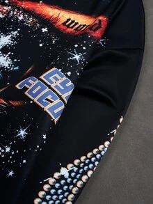 Manfinity EMRG Manfinity Streetrush 男式复古做旧眼睛图案超大喇叭袖运动衫，黑色，秋季 - 黑色 - 查看 8