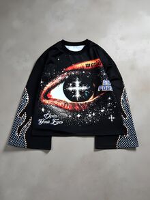 Manfinity EMRG Manfinity Streetrush 男式复古做旧眼睛图案超大喇叭袖运动衫，黑色，秋季 - 黑色 - 查看 3