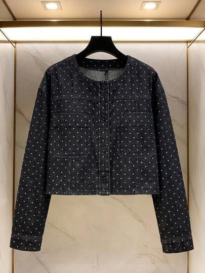 FRIFUL Women's Polka Dot Long Sleeve Single-Breasted Denim Jacket