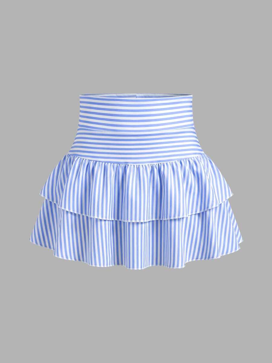 SHEIN Girlism 少女针织纯色可爱荷叶边多层内置短裤迷你裙,Y2K时尚,返校季 - 彩色 - 查看 1