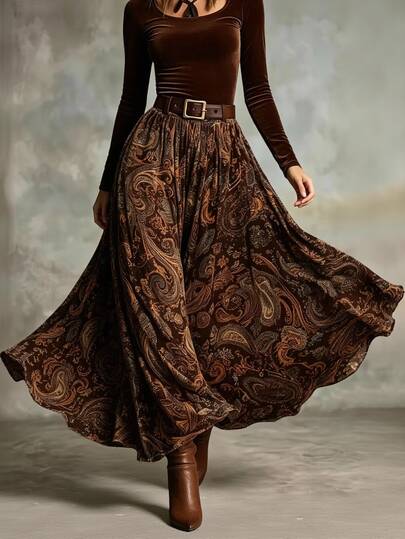 Glimmora Women's Vintage All-Over Floral Print Pocket Elastic Waist Long Skirt, Autumn/Winter