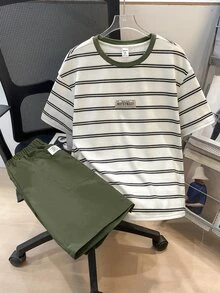 2pcs/Set Tween Boys Casual Comfortable Versatile Striped Print T-Shirt And Solid Color Shorts Set - Army Green - View 3