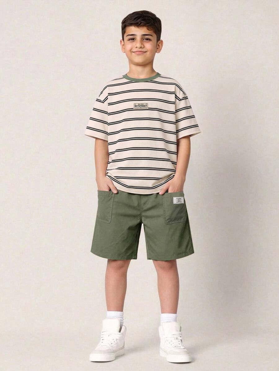 2pcs/Set Tween Boys Casual Comfortable Versatile Striped Print T-Shirt And Solid Color Shorts Set - Army Green - View 1