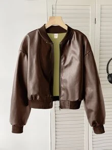 SHEIN 青少年女孩 PU 夾克休閒街頭風棒球夾克 秋冬穿搭 - 棕色 - 查看 2
