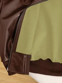SHEIN 青少年女孩 PU 夾克休閒街頭風棒球夾克 秋冬穿搭 - 棕色 - 查看 9