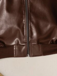 SHEIN 青少年女孩 PU 夾克休閒街頭風棒球夾克 秋冬穿搭 - 棕色 - 查看 5