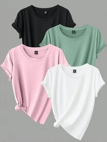 Calvaya Plus Size Casual Versatile Solid Color Short Sleeve T-Shirt - Multicolor - View 3