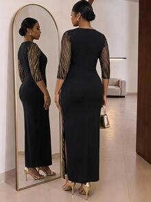 SHEIN Lady Gaun Lipit Berkilau Elegan Ukuran Plus untuk Pesta Malam, Formal, Koktail, dan Pernikahan, Warna Hitam dan Emas untuk Musim Panas - Hitam - View 2